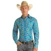 Rock & Roll Cowboy Men's Aztec Bright Turquoise Snap Shirt 36S3165 -WesternWearWonder 36S3165