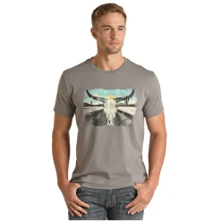 Rock & Roll Cowboy Men's Longhorn Graphic Grey T-Shirt RRMT21RZMG-05