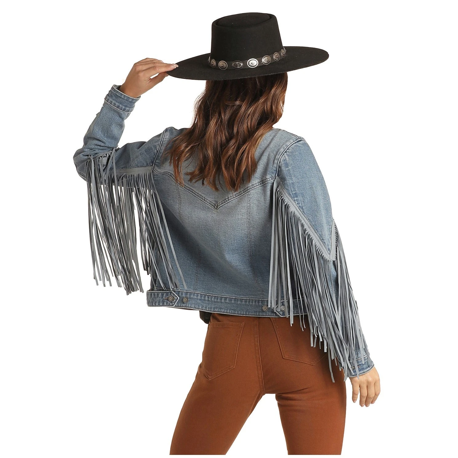Rock & Roll Cowgirl Ladies Suede Fringe Light Wash Denim Jacket 52-1708 4 Rock & Roll Cowgirl Ladies Suede Fringe Light Wash Denim Jacket 52-1708 - Image 2