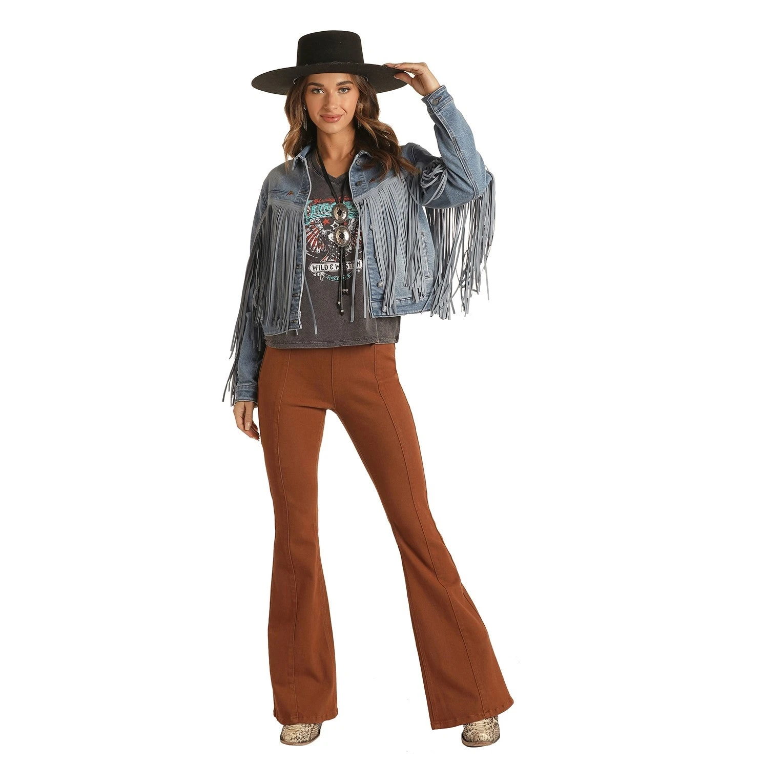 Rock & Roll Cowgirl Ladies Suede Fringe Light Wash Denim Jacket 52-1708 3 Rock & Roll Cowgirl Ladies Suede Fringe Light Wash Denim Jacket 52-1708