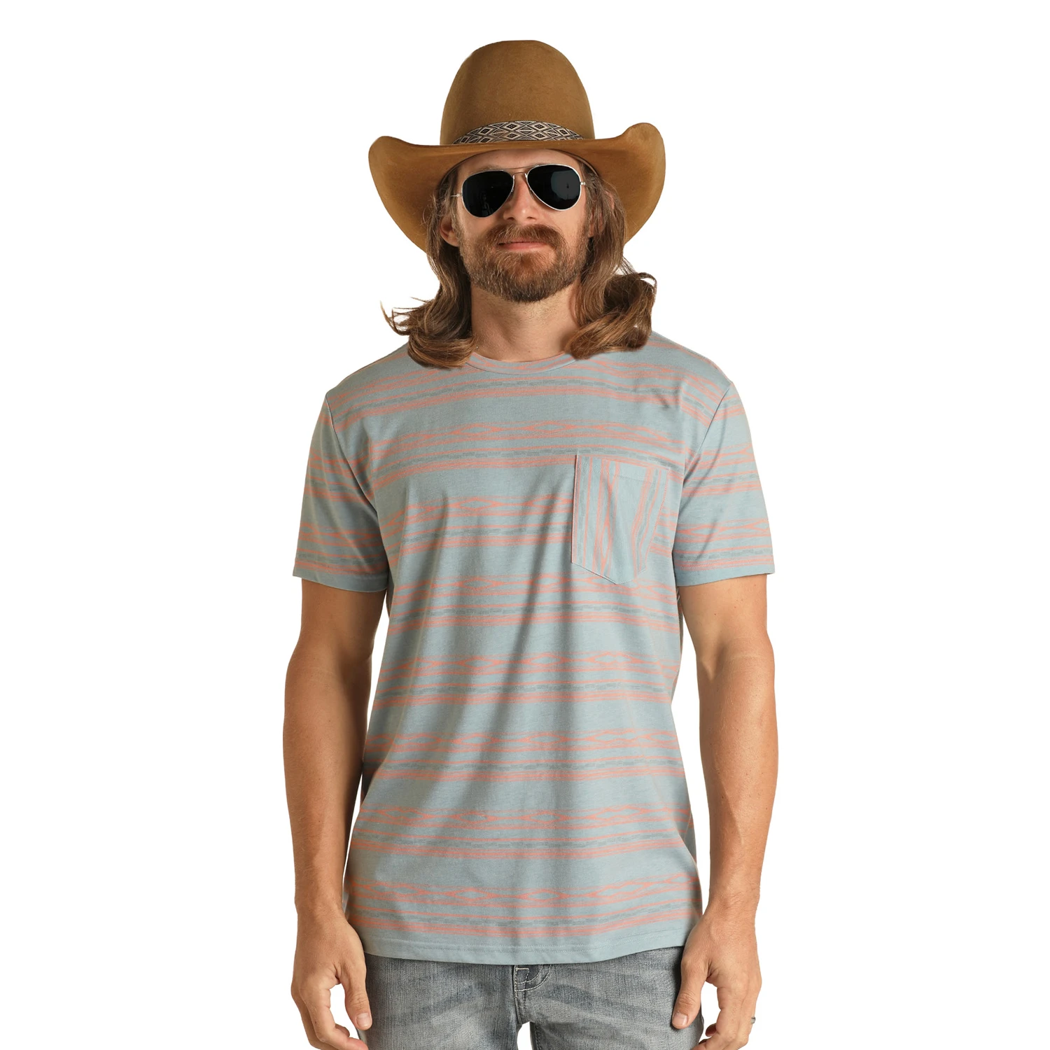 Rock & Roll Cowboy Unisex Powder Blue Striped T-Shirt RRMT21RZMQ-46 4 Rock & Roll Cowboy Unisex Powder Blue Striped T-Shirt RRMT21RZMQ-46 - Image 2