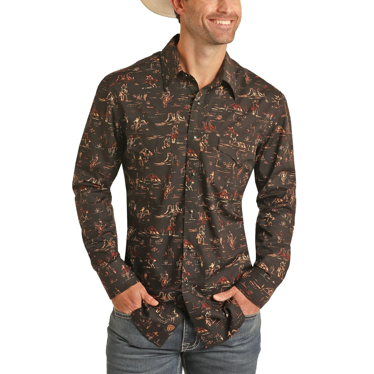 Rock & Roll Cowboy Long Sleeve Desert Print Orange Snap Shirt B2S3305 3 Rock & Roll Cowboy Long Sleeve Desert Print Orange Snap Shirt B2S3305