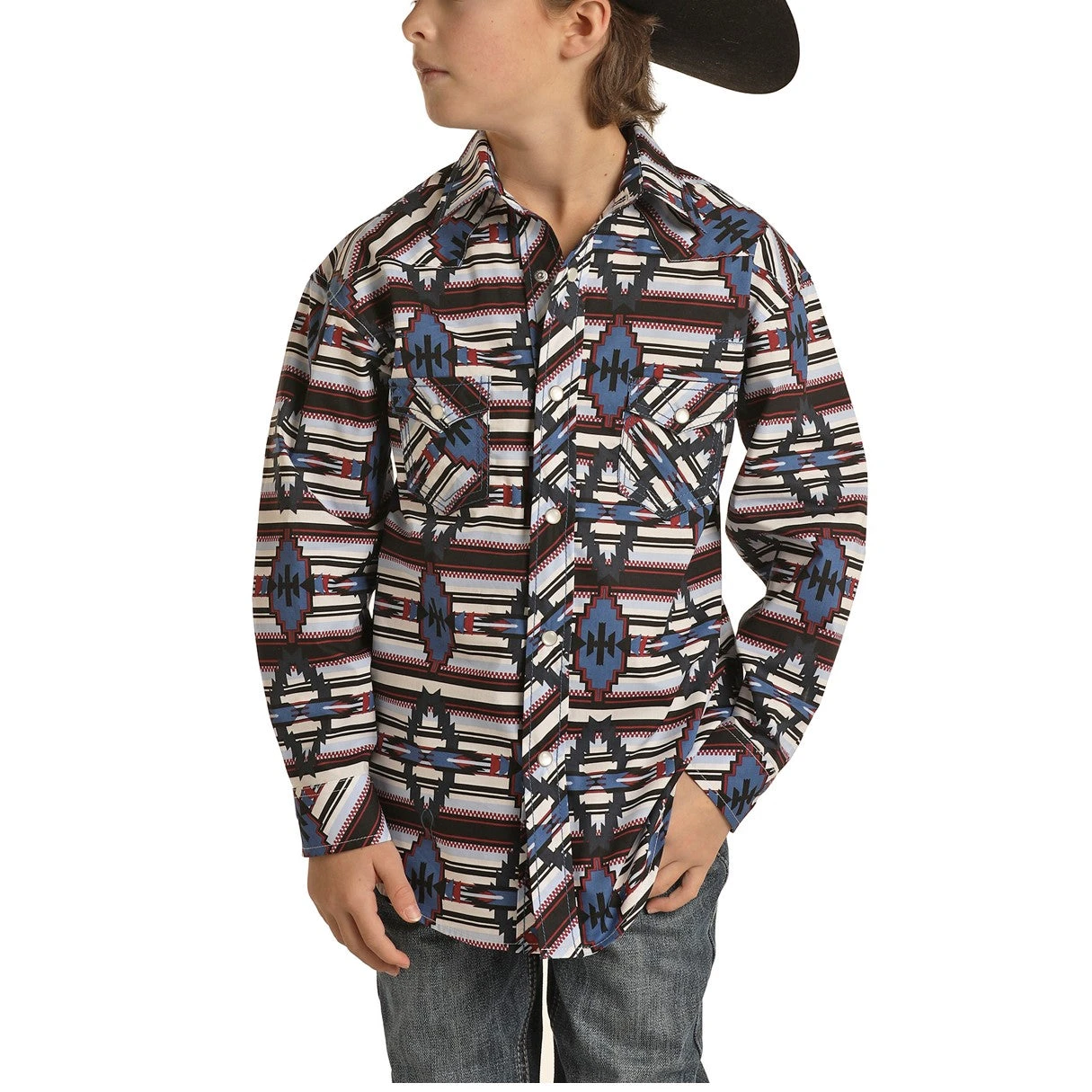 Rock & Roll Cowboy Boy's Aztec Scarlet Red Snap Button Shirt B8S1300 3 Rock & Roll Cowboy Boy's Aztec Scarlet Red Snap Button Shirt B8S1300