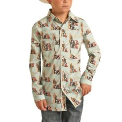 Rock & Roll Denim Boy's Cactus Desert Scene Aqua Snap Shirt B8S3325