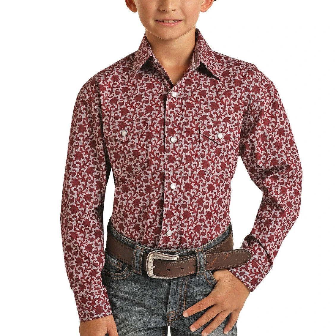 Rock & Roll Cowboy Boy's Floral Print Maroon Snap Shirt C0S1614 3 Rock & Roll Cowboy Boy's Floral Print Maroon Snap Shirt C0S1614