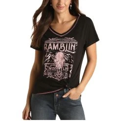 Panhandle White Label Ladies Ramblin Western Black T-shirt L9T3423