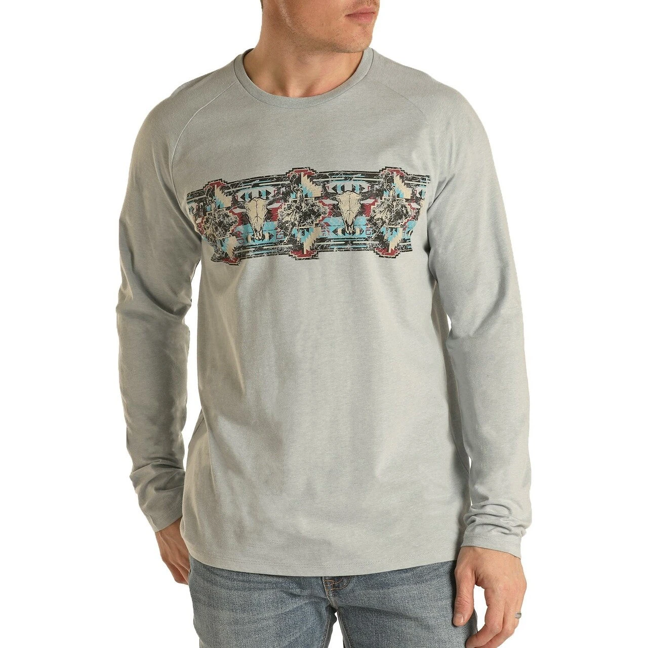 Rock & Roll Denim Men's Long Sleeve Aztec Graphic Grey T-Shirt P8-2612 3 Rock & Roll Denim Men's Long Sleeve Aztec Graphic Grey T-Shirt P8-2612