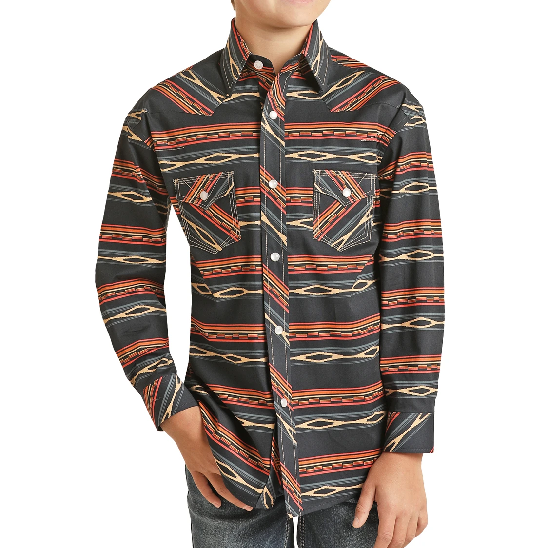 Rock & Roll Cowboy® Youth Boy's Navy Aztec Snap Up Shirt RRBSOSR08U 3 Rock & Roll Cowboy® Youth Boy's Navy Aztec Snap Up Shirt RRBSOSR08U