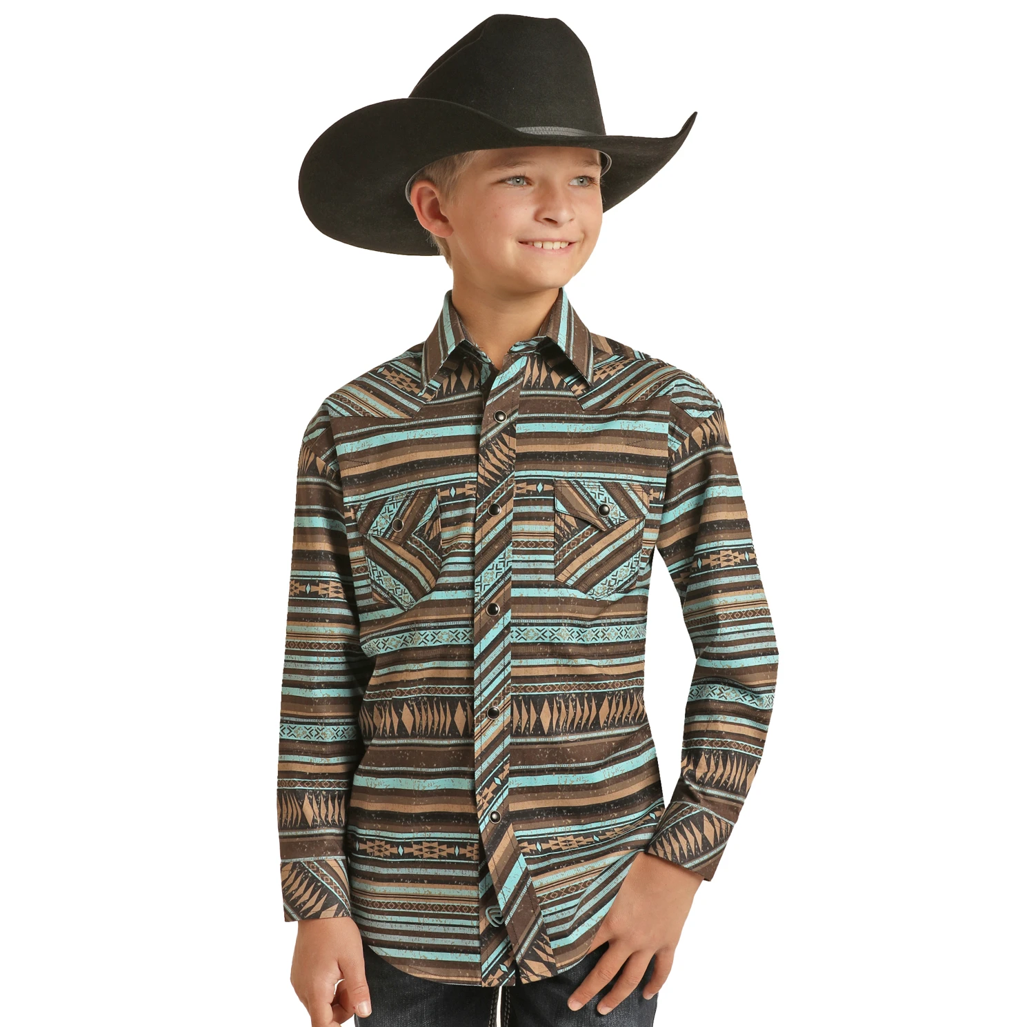 Rock & Roll Cowboy Kid's Teal Aztec Stripe Snap Shirt RRBSOSRZ17-81 3 Rock & Roll Cowboy Kid's Teal Aztec Stripe Snap Shirt RRBSOSRZ17-81
