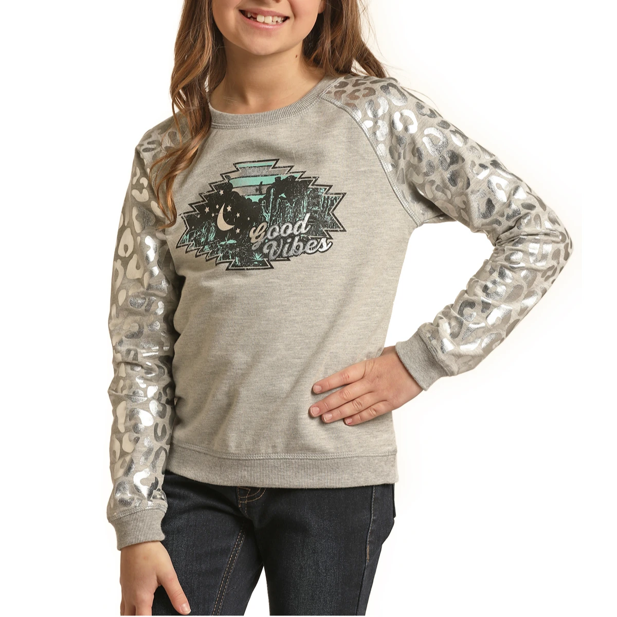 Rock & Roll Cowgirl® Youth Girl's Foil Cheetah Pullover RRGT91R0IG 2 Rock & Roll Cowgirl® Youth Girl's Foil Cheetah Pullover RRGT91R0IG