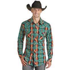 Rock & Roll® Men's Teal Aztec Poplin Print Snap Shirt RRMSOSRZ15-81