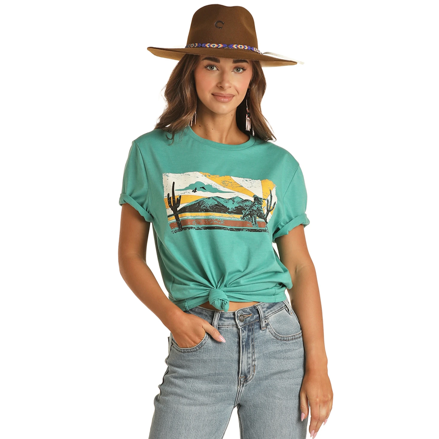 Rock & Roll Unisex Turquoise Bucking Horse Sunset Tee RRUT21R064-86 4 Rock & Roll Unisex Turquoise Bucking Horse Sunset Tee RRUT21R064-86 - Image 2