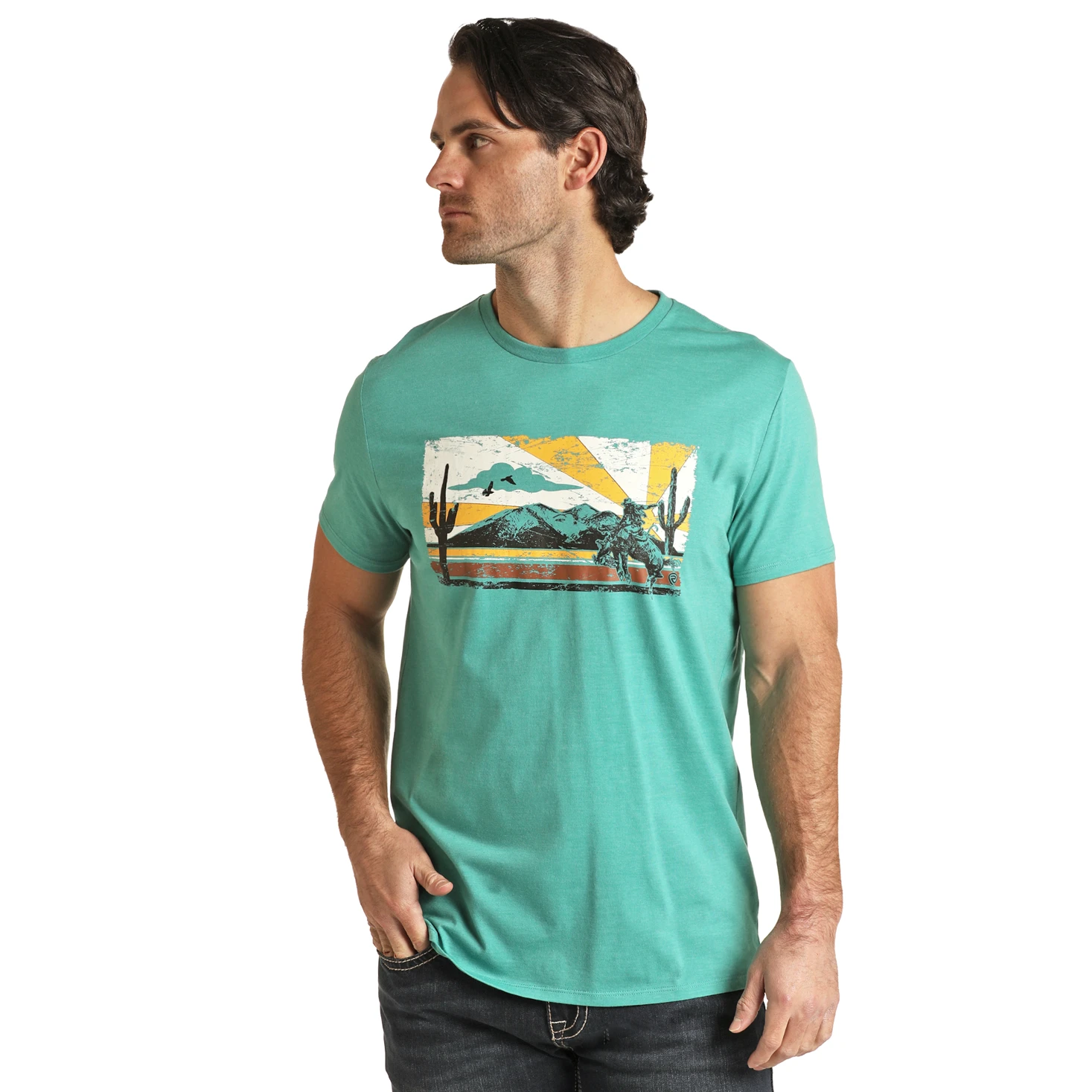Rock & Roll Unisex Turquoise Bucking Horse Sunset Tee RRUT21R064-86 3 Rock & Roll Unisex Turquoise Bucking Horse Sunset Tee RRUT21R064-86