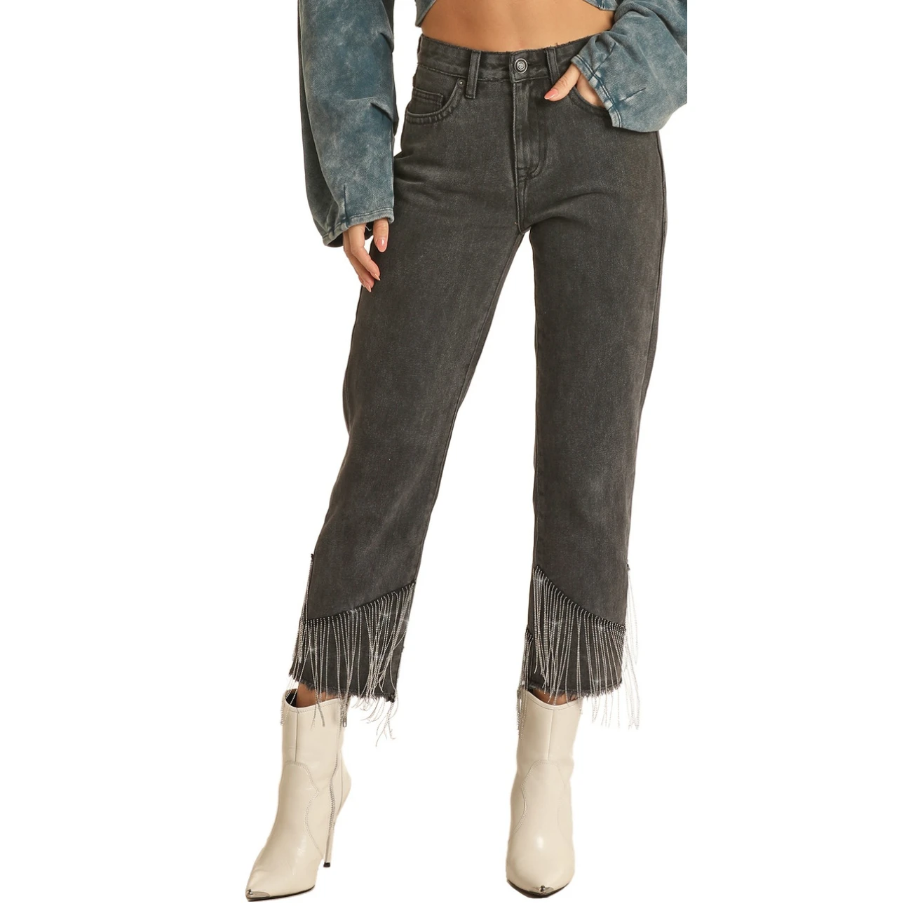 Rock & Roll Denim Ladies High Rise Chain Fringe Straight Cropped Jeans RRWD9HRZQV 3 Rock & Roll Denim Ladies High Rise Chain Fringe Straight Cropped Jeans RRWD9HRZQV