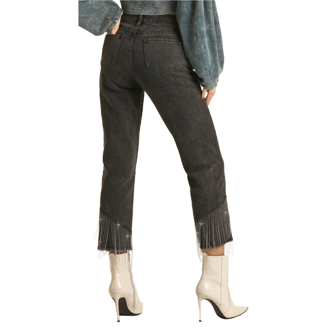 Rock & Roll Denim Ladies High Rise Chain Fringe Straight Cropped Jeans RRWD9HRZQV 4 Rock & Roll Denim Ladies High Rise Chain Fringe Straight Cropped Jeans RRWD9HRZQV - Image 2