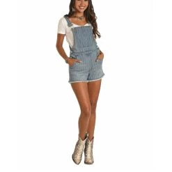 Rock & Roll Cowgirl Ladies Striped Denim Short Overalls WA-9752