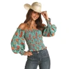 Rock & Roll Denim Ladies Off-Shoulder Floral Printed Shirt RRWT51R0V9 1 Rock & Roll Denim Ladies Off-Shoulder Floral Printed Shirt RRWT51R0V9 -WesternWearWonder blueblouse