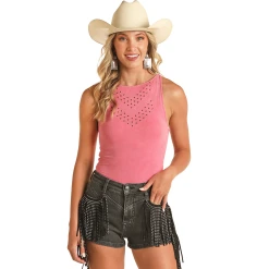 Rock & Roll Denim Ladies Studded & Washed Hot Pink Body SuitRRW1R0R0YP-67