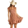 Rock & Roll Ladies Floral Print Rust Off-Shoulder Dress RRWRD0R0V3 -WesternWearWonder rrwrd0r0v3