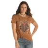 Rock & Roll Denim Ladies Saddle Up Brown Graphic T-Shirt WLWT21R0U5 -WesternWearWonder saddleup